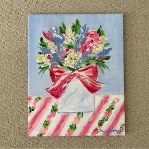Pink Bow Blue Floral Painting